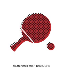Ping pong paddle with ball. Vector. Brown icon with shifted black circle pattern as duplicate at white background. Isolated.