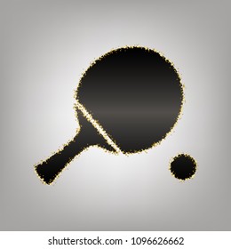 Ping pong paddle with ball. Vector. Blackish icon with golden stars at grayish background.