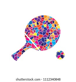 Ping pong paddle with ball. Vector. Stained glass icon on white background. Colorful polygons. Isolated.