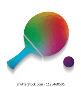 Ping pong paddle with ball. Vector. Colorful icon with bright texture of mosaic with soft shadow on white background. Isolated.