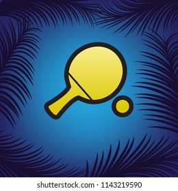 Ping pong paddle with ball. Vector. Golden icon with black contour at blue background with branches of palm trees.