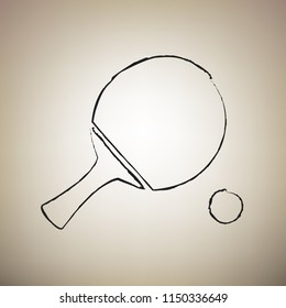 Ping pong paddle with ball. Vector. Brush drawed black icon at light brown background.