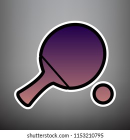 Ping pong paddle with ball. Vector. Violet gradient icon with black and white linear edges at gray background.