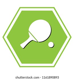 Ping pong paddle with ball. Vector. White icon with black shadow at yellow green honeycomb on white background.