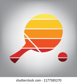 Ping pong paddle with ball. Vector. Horizontally sliced icon with colors from sunny gradient in gray background.