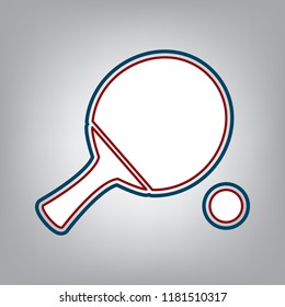 Ping pong paddle with ball. Vector. Dark red, transparent and midnight green stroke of white icon at grayish background.