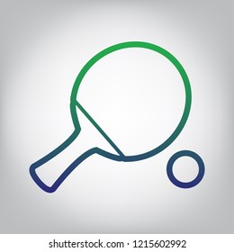 Ping pong paddle with ball. Vector. Green to blue gradient contour icon at grayish background with light in center.