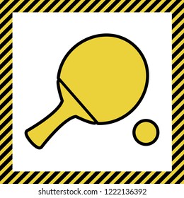 Ping pong paddle with ball. Vector. Warm yellow icon with black contour in frame named as under construction at white background. Isolated.