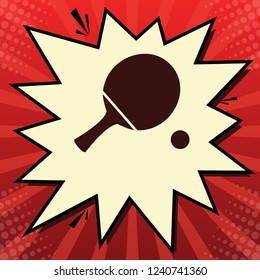 Ping pong paddle with ball. Vector. Dark red icon in lemon chiffon shutter bubble at red popart background with rays.