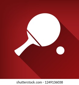 Ping pong paddle with ball. Vector. White icon with limitless shadow at ruby red background.