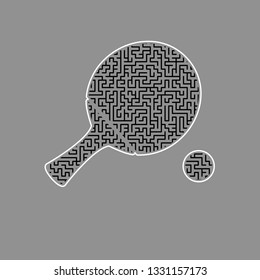 Ping pong paddle with ball. Vector. Black maze filled icon with white border at gray background.