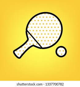 Ping pong paddle with ball. Vector. Yellow polka dot white icon with black contour at warm yellow background.