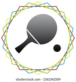 Ping pong paddle with ball. Vector. Black icon with patch of light inside colorful hexagonal frames at white background.