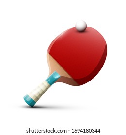 Ping Pong Paddle with Ball. Vector Wooden Red Table Tennis Racket Isolated on White Background.