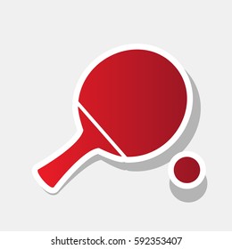 Ping pong paddle with ball. Vector. New year reddish icon with outside stroke and gray shadow on light gray background.
