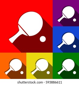 Ping pong paddle with ball. Vector. Set of icons with flat shadows at red, orange, yellow, green, blue and violet background.