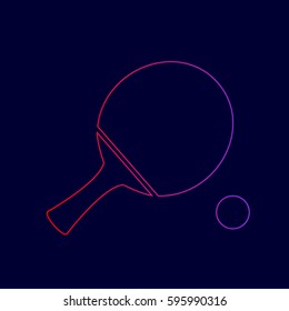 Ping pong paddle with ball. Vector. Line icon with gradient from red to violet colors on dark blue background.
