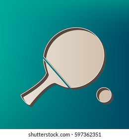 Ping pong paddle with ball. Vector. Icon printed at 3d on sea color background.