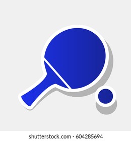 Ping pong paddle with ball. Vector. New year bluish icon with outside stroke and gray shadow on light gray background.