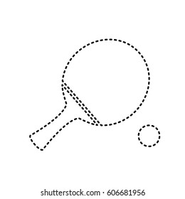 Ping pong paddle with ball. Vector. Black dashed icon on white background. Isolated.