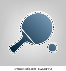 Ping pong paddle with ball. Vector. Blue icon with outline for cutting out at gray background.