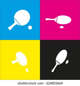Ping pong paddle with ball. Vector. White icon with isometric projections on cyan, magenta, yellow and black backgrounds.