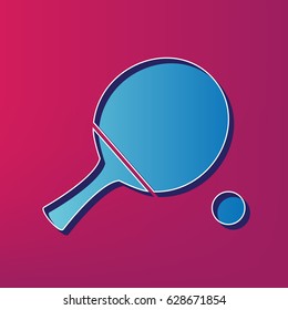 Ping pong paddle with ball. Vector. Blue 3d printed icon on magenta background.