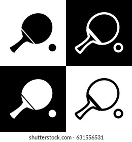 Ping pong paddle with ball. Vector. Black and white icons and line icon on chess board.