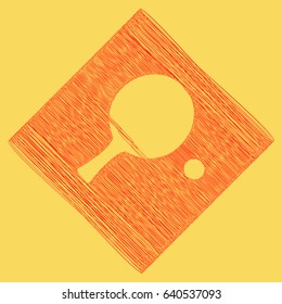 Ping pong paddle with ball. Vector. Red scribble icon obtained as a result of subtraction rhomb and path. Royal yellow background.