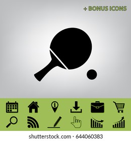 Ping pong paddle with ball. Vector. Black icon at gray background with bonus icons 