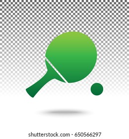 Ping pong paddle with ball. Vector. Green gradient icon with shadow at bottom on transparent and white background.