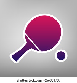 Ping pong paddle with ball. Vector. Purple gradient icon on white paper at gray background.