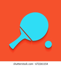 Ping pong paddle with ball. Vector. Blue icon with soft shadow putted down on flamingo background.