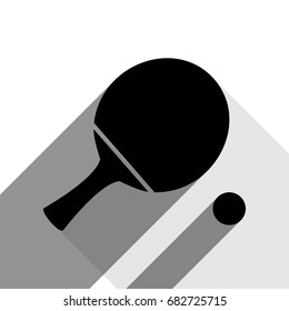 Ping pong paddle with ball. Vector. Black icon with two flat gray shadows on white background.