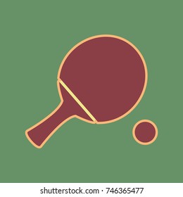 Ping pong paddle with ball. Vector. Cordovan icon and mellow apricot halo with light khaki filled space at russian green background.