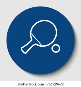 Ping pong paddle with ball. Vector. White contour icon in dark cerulean circle at white background. Isolated.