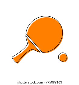Ping pong paddle with ball. Vector. Black line icon with shifted flat orange filled icon on white background. Isolated.