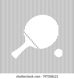 Ping pong paddle with ball. Vector. White icon on grayish striped background. Optical illusion.