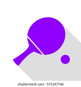 Ping pong paddle with ball. Violet icon with flat style shadow path.