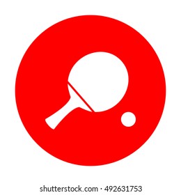 Ping pong paddle with ball. White icon on red circle.