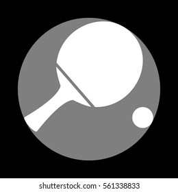 Ping pong paddle with ball. White icon in gray circle at black background. Circumscribed circle. Circumcircle.