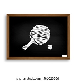 Ping pong paddle with ball. White chalk icon on black school boa