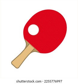 Ping pong paddle, table tennis racket with ball top view. Sports equipment with wooden handle and rubber red bat surface isolated on white background