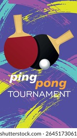 Ping pong paddles and ball, abstract bright brush stroke background, flat design. Table tennis tournament poster, racket sports competition design