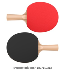 Ping pong paddles, table tennis rackets top and bottom view. Sports equipment with wooden handle and rubber red and black bat surface isolated on white background, Realistic 3d vector illustration