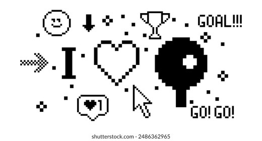 Ping pong pixel art 8 bit design. Table tennis. Love sport banner concept. Composition with ping pong paddle, heart. Pixels Y2k trendy playful sticker. Mood of 90's aesthetics. Simple geometric form