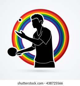 Ping pong player designed on line rainbows background graphic vector.