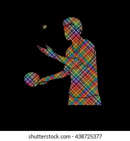 Ping pong player designed using colorful pixels graphic vector.