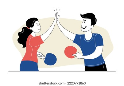 Ping pong players giving five to each other. Athletes playing table tennis. People taking part in sports competition, friends having good time together cartoon thin line vector illustration