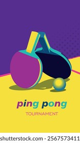 Ping pong poster in acid bright colors. Table tennis rackets, ball and table in psychedelic style